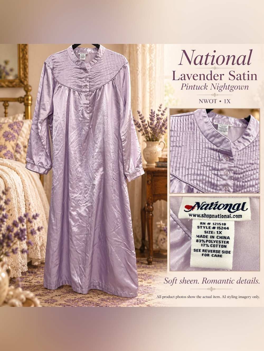 National Satin Nightgown 1X Lavender Pintuck Long Sleeve band collar granny NWOT